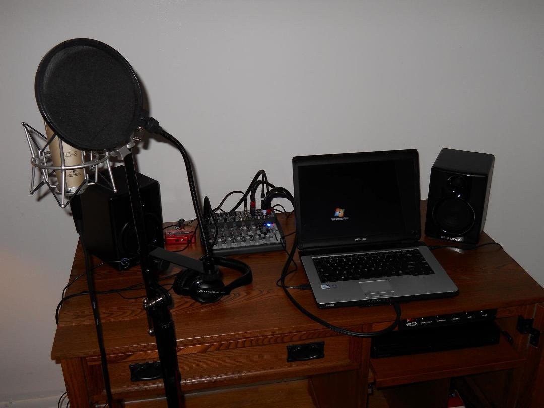 My home recording studio on a budget: Behringer XENYX 1202 FX Mixer - $110, Behringer UCA - 222 Analog/Digital Interface - $30, M-Audio AV-40 Powered Studio Monitors - $260, Behringer C-3 Large Diaphragm Mic. - $60, Sampson