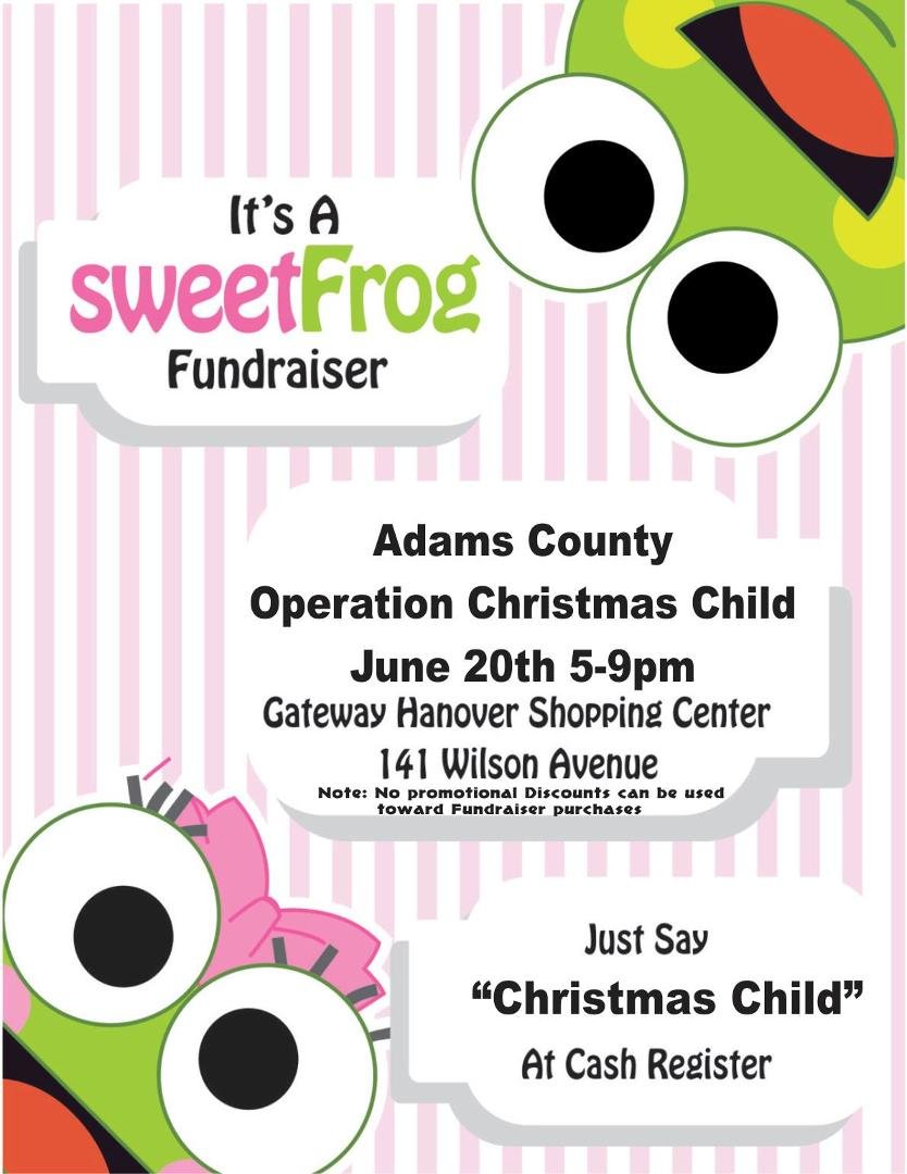 You all that live near Hanover, PA please stop by on the 18th July and treat yourself to frozen yogart or ice cream. It's delicious and 15% of proceeds comes to Operation Christmas Child for shipping cost of shoeboxes.
