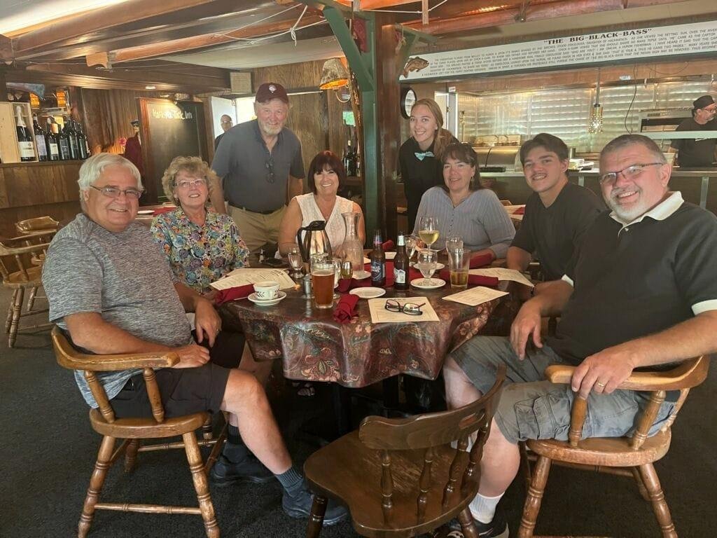 Having dinner in cheboygan Michigan with my sister and cousins and friends.