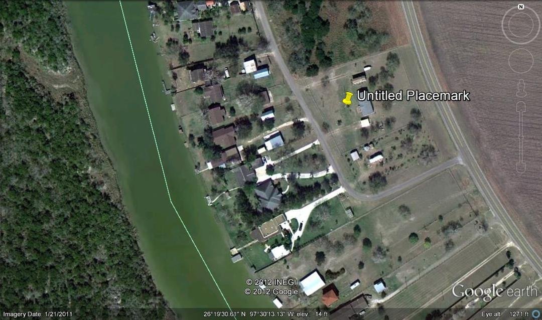 Here's a Google Earth shot of the place (yellow marker); it's about 500' to the Arroyo Colorado then eight miles out to the Lower Laguna Madre Bay where the fishing is great!