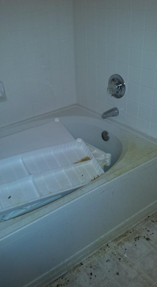 Tub and shower beside cages