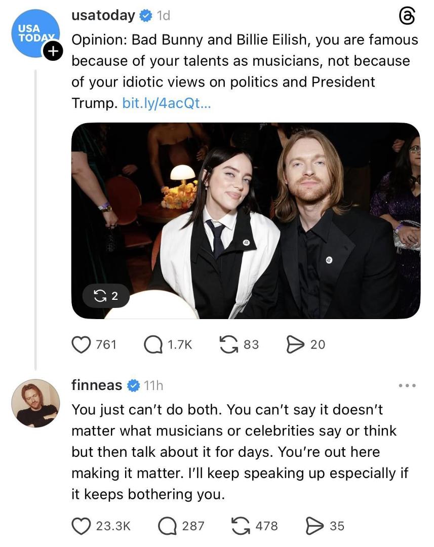 Completely room temperature take: If you voted Trump you're not allowed to ever say "celebrity opinions don't matter". He was a celebrity and a terrible businessman with 6 bankruptcies.
Also, just because someone is actor