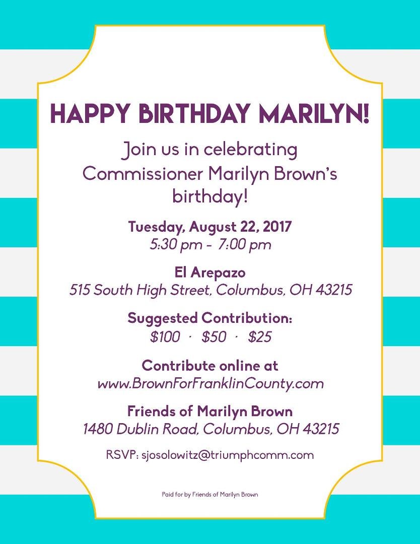 Join Commissioner Marilyn Brown tomorrow, Tuesday, Aug 22 for a Birthday Celebration!