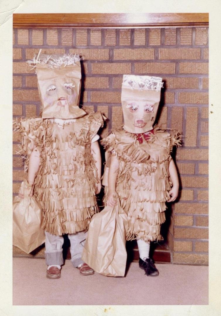 My sister and I in 1962 with our paper bag Halloween costumes.