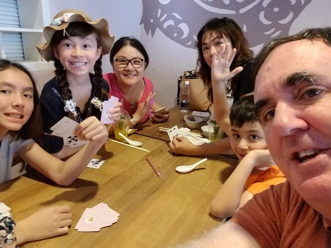 Sheephead comes to Taiwan!
In a fit of desperation, dad teaches kids the ancient German/Wisconsin card game, while waiting for the 3+ hour dinner conversation (in Chinese) to end. It was a smash hit and we now play wheneve