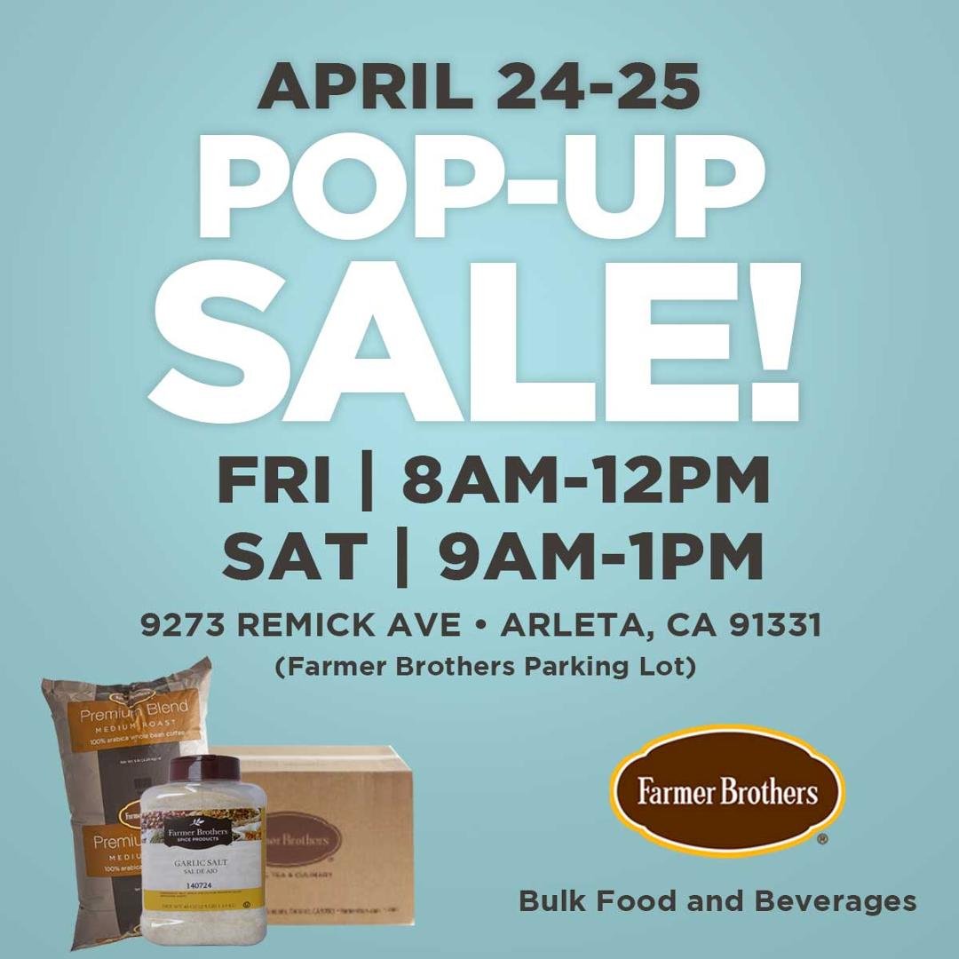 San Fernando Valley and surrounding communities don't miss out on this opportunity to stock up on quality products at a great price such as Coffee, Teas, Hot Chocolate Mix, Water, Pancake & Biscuit Mix, Syrups, and Culinary