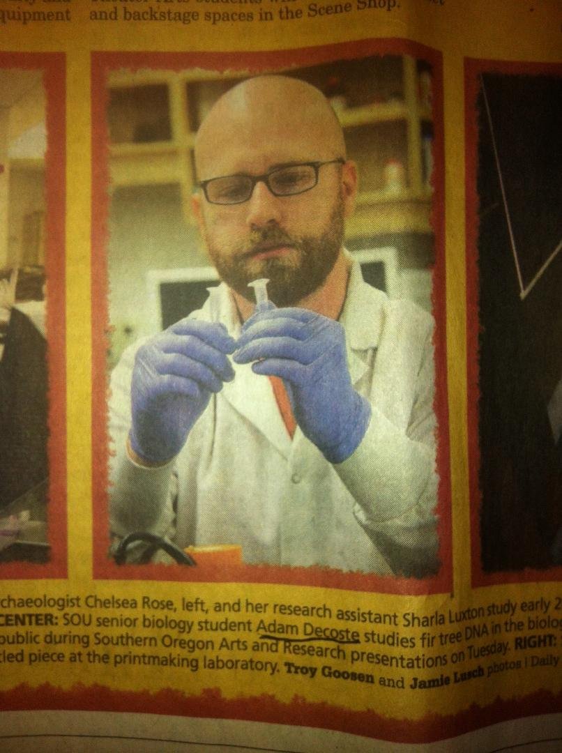 So proud of my scientist son, Adam DeCoste, in Ashland Daily Tidings May 14, 2012.