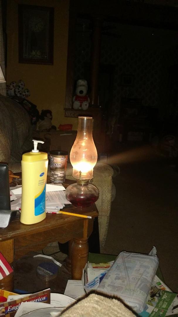 So...guess this was what it was like living without electricity. Thank God for grandmoms kerosene lamp. Don't know when electricity will be restored