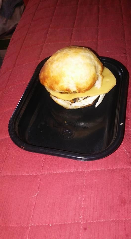 Yvette biscuit, sausage, egg and cheese Yum..Yum..Good for my Tummy.