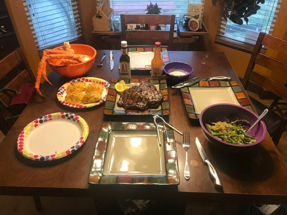 Dianne “ Loretta’s “ birthday weekend. Her favorite meal.. Alaskan King Crab - steamed Cajun style! Rib eye steaks marinated and on the grill melt in your mouth! My famous cheddar rolls, and crisp asparagus in wine sauce. O