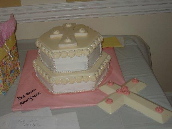Avery's christening cake white chocolate crucifix and roses