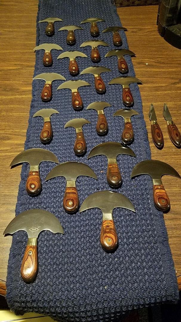 It's a start!   Not anywhere near done.  Not half done for head knives and haven't started making trim knives in earnest yet.  I want to last as long as I can at my Sheridan Show table!  Looking at many more hours of work a