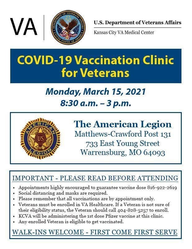 If you are signed up with the VA this is an opportunity for you to get the Covid Vaccine today March 15th in the Warrensburg area -