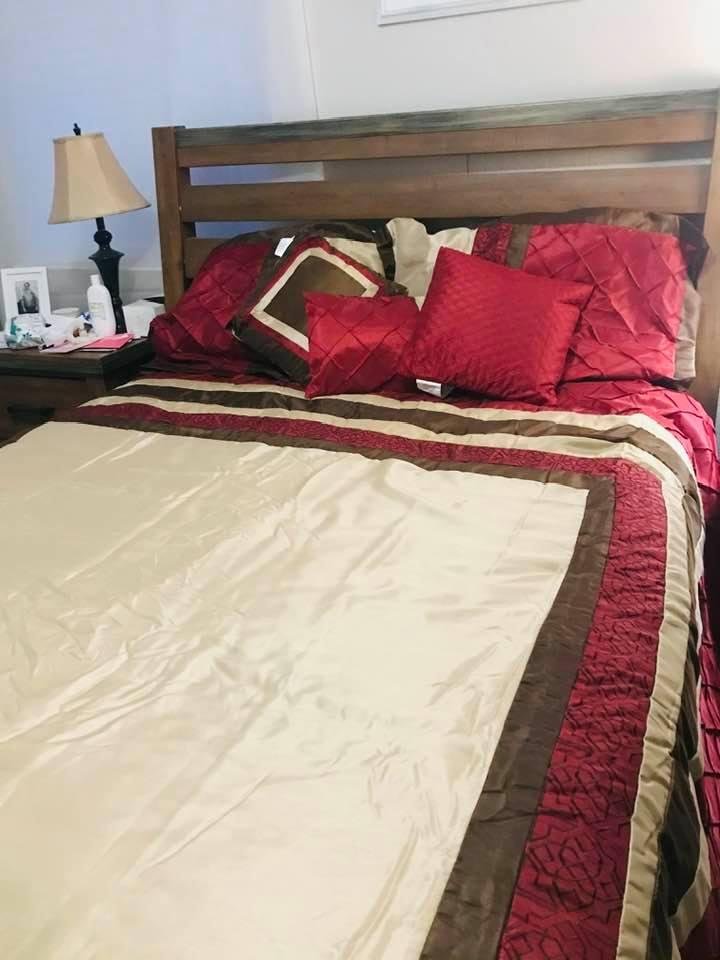 I bought a new comforter bed in a bag set I received it today. Love the colors looks great on our bed. It’s a Cal.King on our Queen so it will hang down lower on sides of the bed.