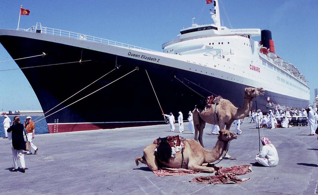 Queen Elizabeth 2 in Dubai UAE, about to begin the final leg of the 2001 World Cruise. Nobody knew it at the time, however, but in just eight more years, the (at the time) little known port of Dubai would become QE-2's fina