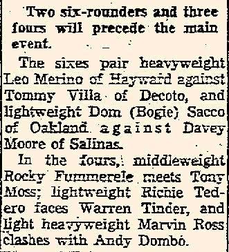 Longtime friends may recall that I've mentioned my father was a professional boxer. I've been looking for clippings...here's one from the 3/19/1957 Oakland Tribune for his match at the Oakland Auditorium.
