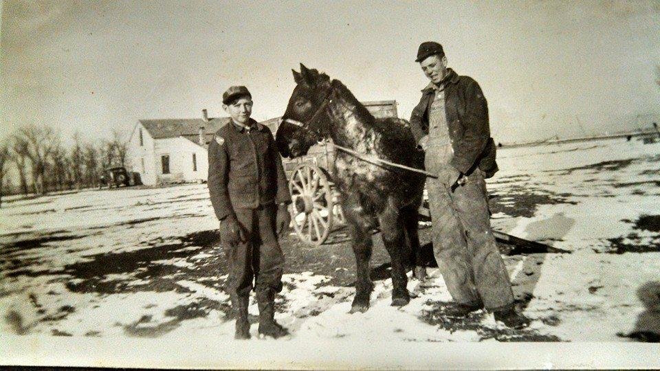 Two brothers as young men on the prairie of South Dakota, Ben and David Engbrecht (circa early 1940's)