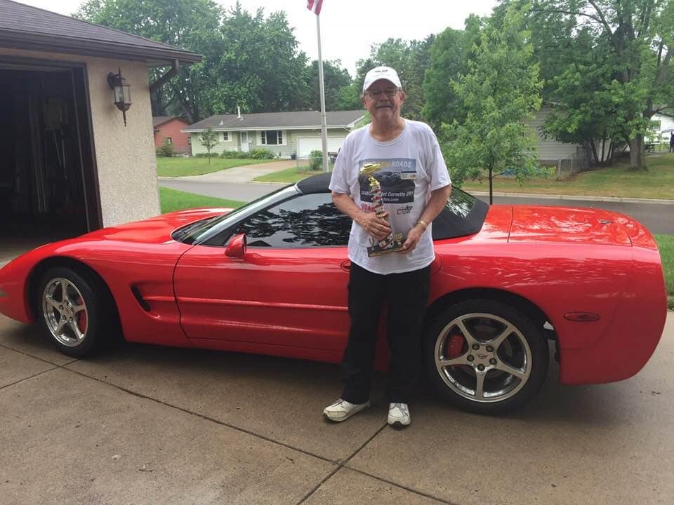 Bruce won his first trophy showing his Corvette. So much fun. An all Corvette show at a Senior Living Center. They voted.