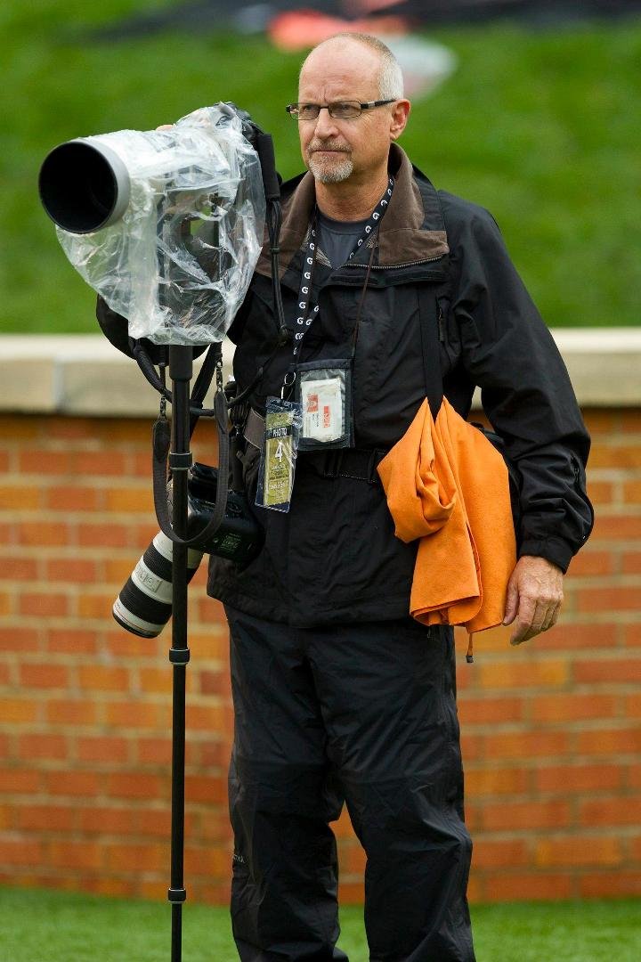 Chuck Liddy braves the rain to cover the Duke Blue Devils as they snapped their 12-game losing streak versus the Wake Forest Demon Deacons at BB&T Field on September 29, 2012 in Winston-Salem, North Carolina.