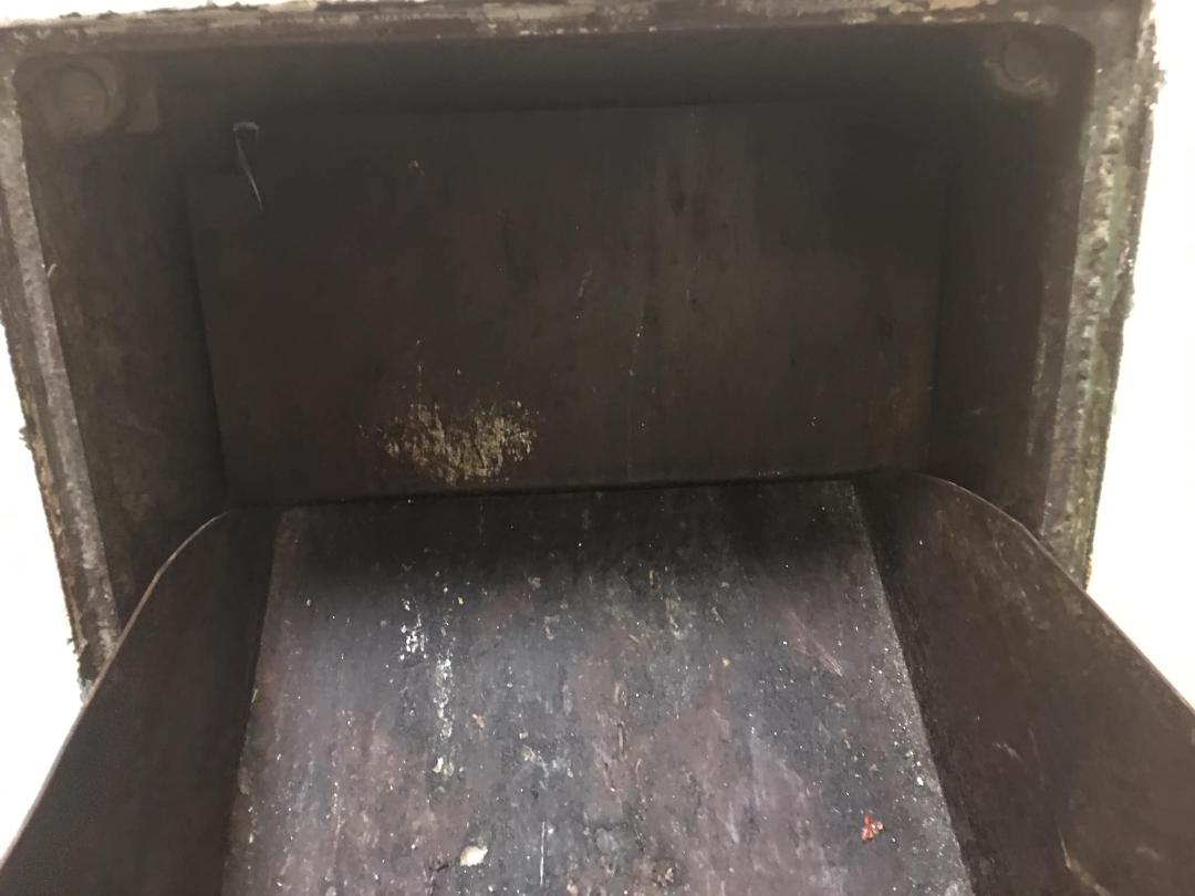 Quite confusing to those who don’t read the manager’s notice to the left of the big one which says bring it to the trash room.  The measured outside is just under 12x12. The actual inside space of the shoot is about 9 inche