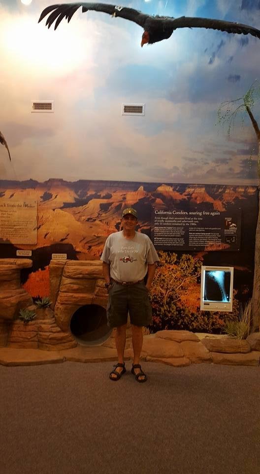 Gene standing under a mounted Condor to show the size.