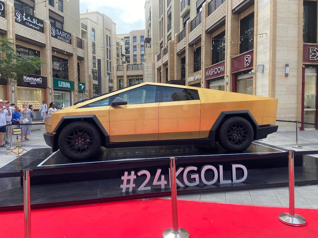 Gold plated Tesla cyber truck on display in Dubai