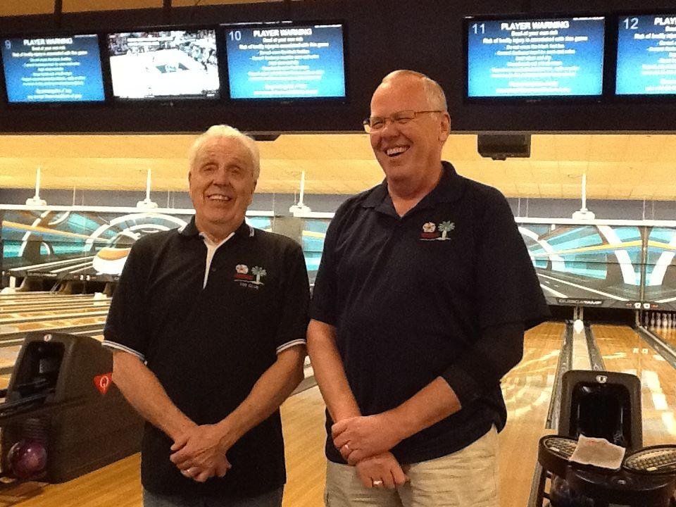 This is picture of one half of the team "Elite Physical Therapy" getting ready to bowl in tournament. They are Roy Nygaard on left and "big" Jim Dunkenberger on right. The other two that make up the team are John Pella a