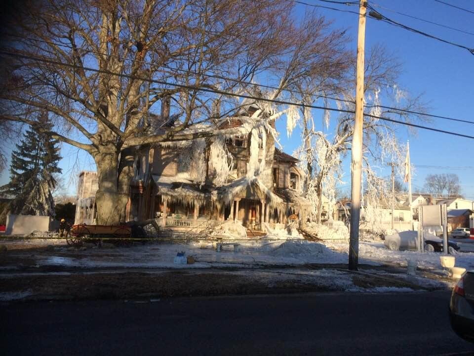 The remains of the old Masonic Temple on East Street in Chicopee Falls. It was destroyed by fire yesterday.