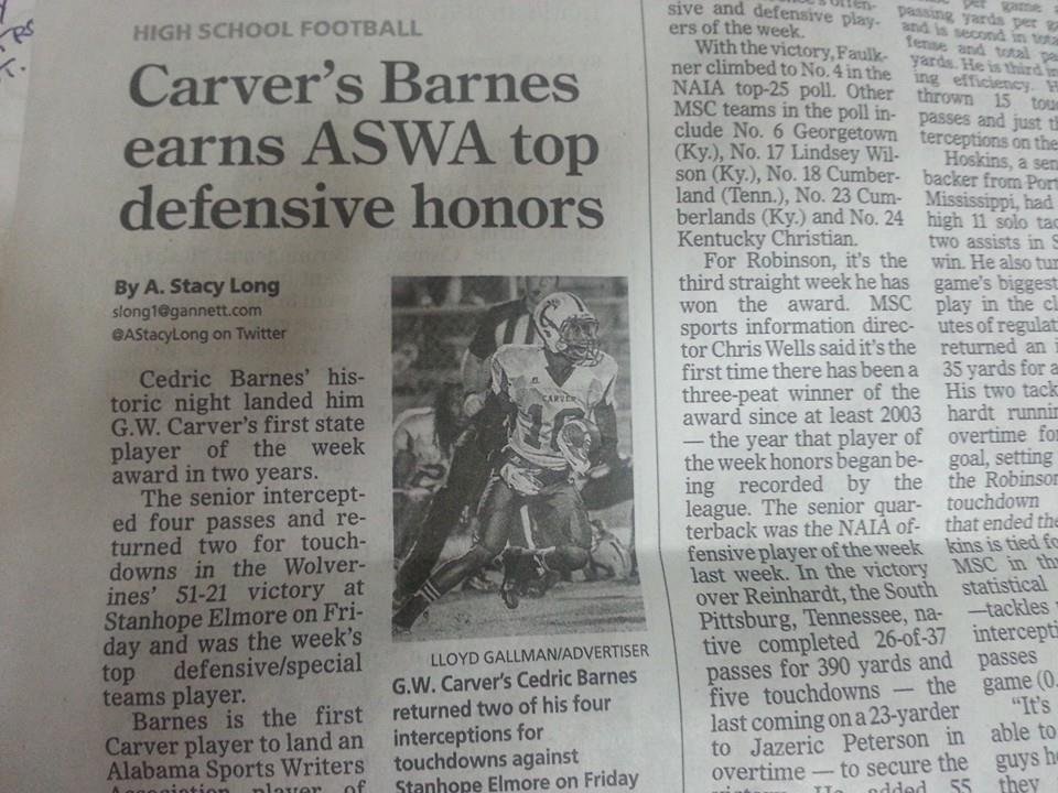 Another Blessing from GOD!!! CJ was recently named "State player of the week" for the State of Alabama. He landed this honor via the Alabama Sports Writers Association.