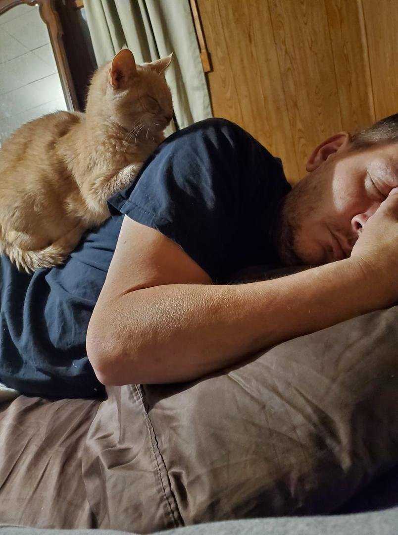 Well so much for me getting to cuddle with the old man since he's finally home from the hospital. The cat beat me too it and he was out by 630pm