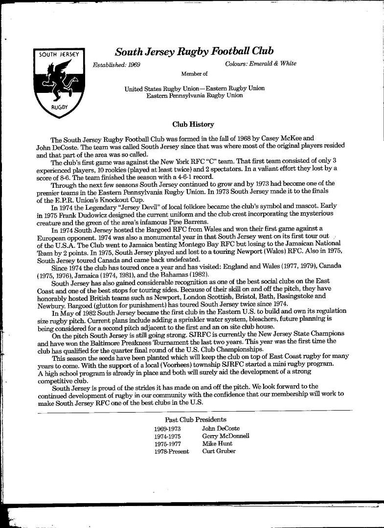 1983 South Jersey Rugby Tour to Europe. (Part 4). The tour booklet that we took with us contained the club history thru the year 1982. Interesting to reflect back and look at what we hoped would happen in the future.