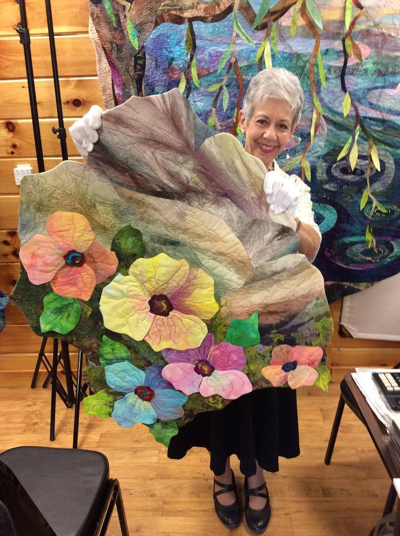 Vikki Pignatelli.  3 dimensional wall hanging..I love her work..Judy, Bonnie, Pat, Anne, Susan and I attended her seminar today.. Vinton county.. Absolutely breathtaking.. May be my next project..