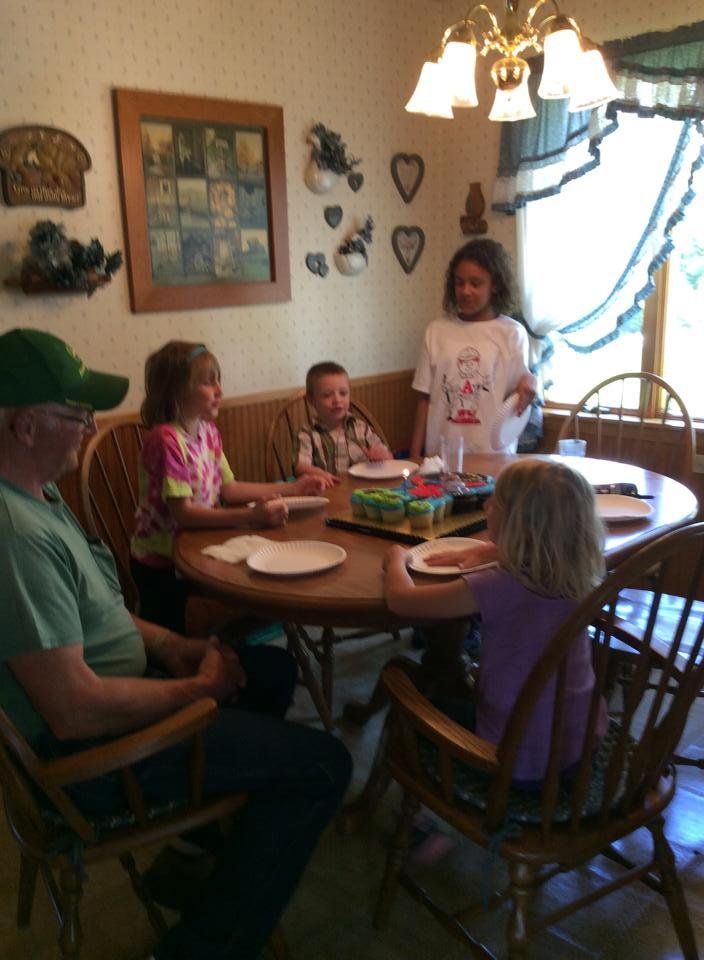 Becky and family stopped by with pizza, root beer, cake and ice cream fir grandpa's birthday.