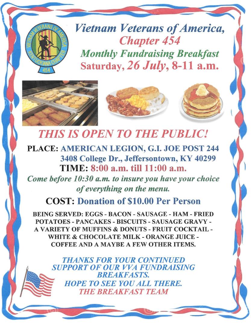 Reminder: VVA Breakfast, Saturday, 24 MAY 8-11 a.m. Been said the best breakfast in town. Please share. I'll be cooking.