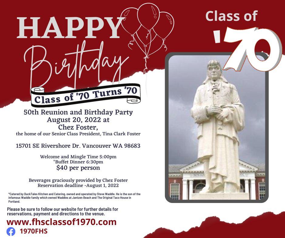 Our Class of '70 turns 70 Reunion and Birthday party is coming up. This will be an outdoor event on the Columbia River. For those of you wond3ering about Covid precautions, there is plenty of room in this fantastic yard.