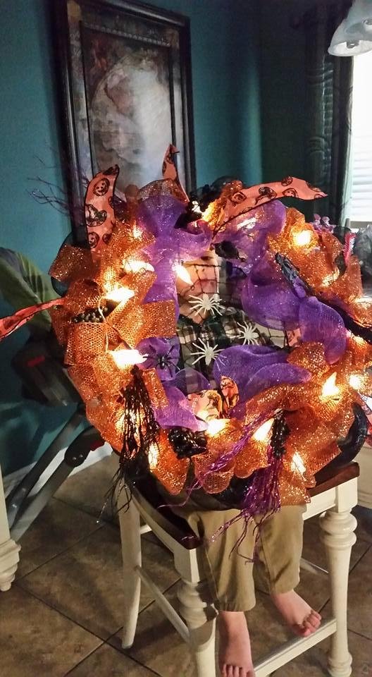 The Halloween wreath Makaila, Christian and I made.