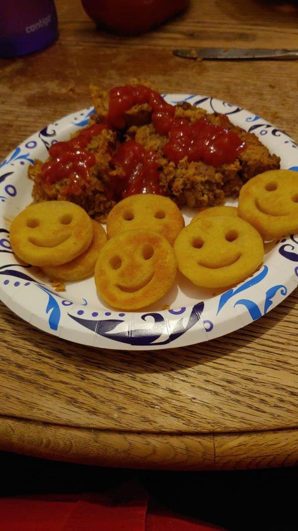 Dinner tonight. Meatloaf and Smiley Potatoes.