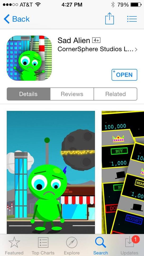 Hi, everyone. My 16-year old son, Matt, developed an iPhone game and just got it launched on the App Store. It's called Sad Alien and it's free. Try it out and tell all your friends. Hope you have fun with it!!