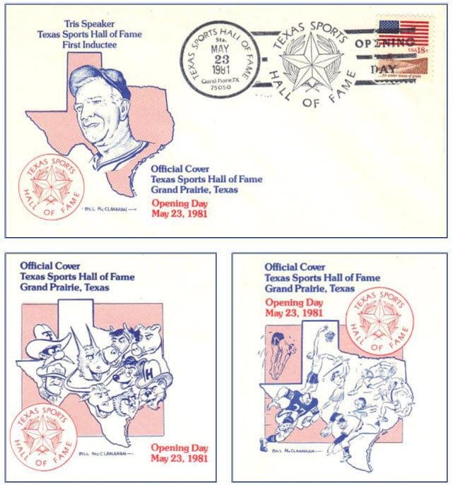 Here is a follow to the Bill McClanahan cartoon. These are the images he drew for the Texas Sports Hall of Fame in 1981. They are on envelopes with a U.S. post office pictorial cancel. These are called "cacheted covers" in