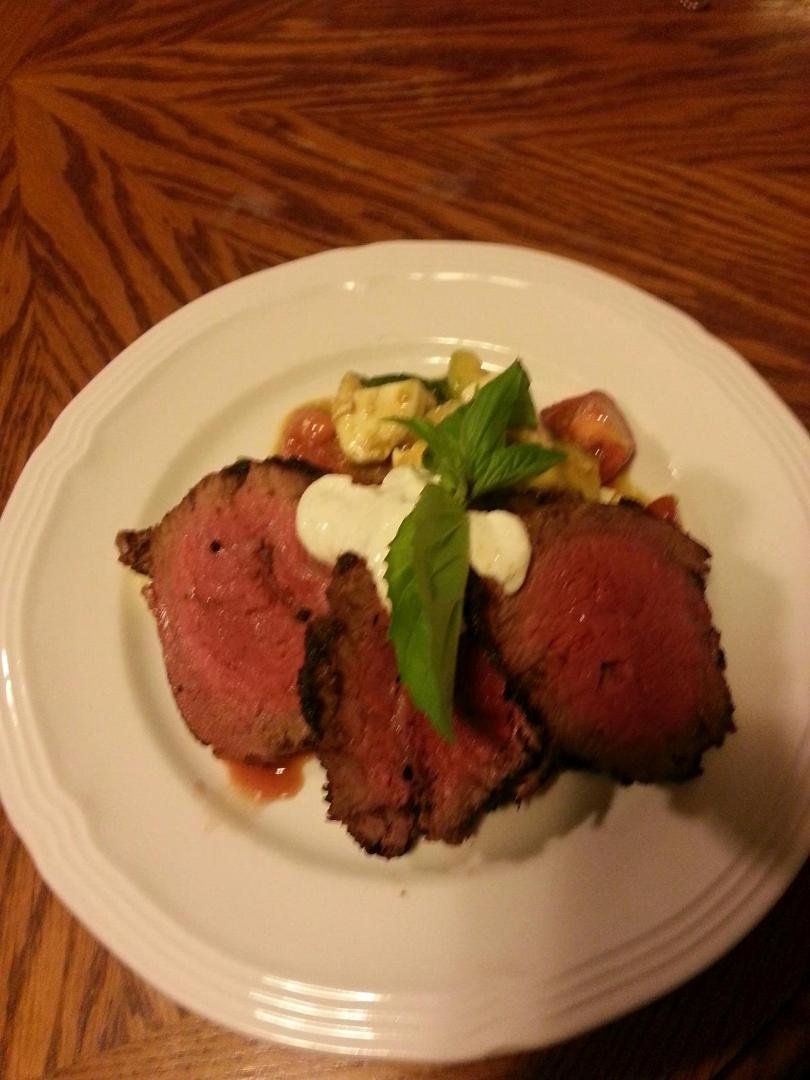 Mike's kitchen...delicious...music isn't his only talent... beef tenderloin off the rotisserie with horseradish cream sauce and caprese salad
