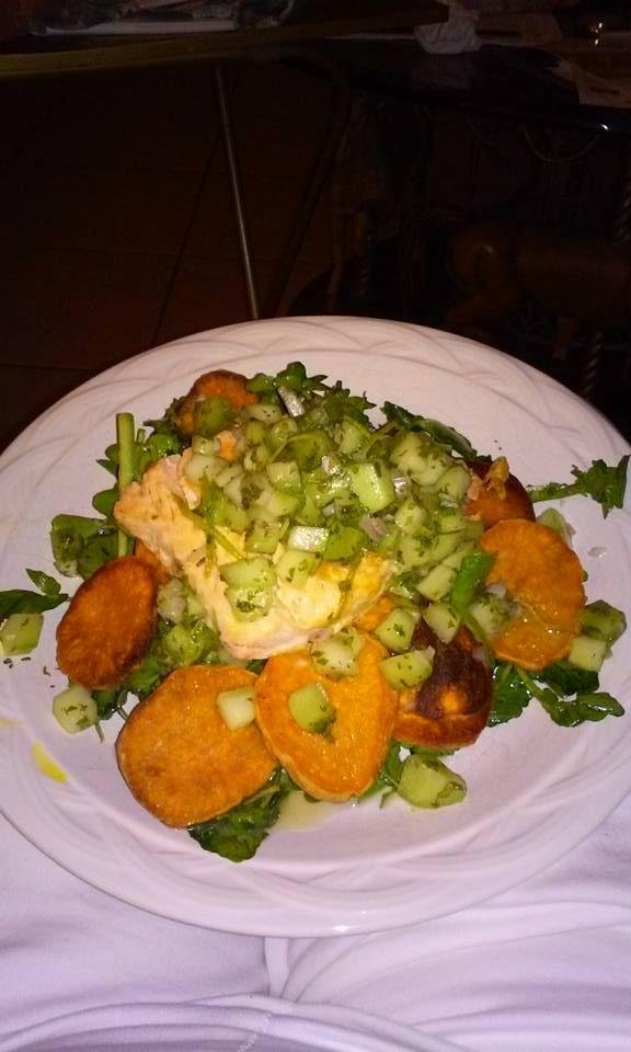 Dinner tonight. Salmon with cucumber, honedew, mint, salsa on a bed of watercress cucumber, shallot and roast sweet potatoto salad with a lime vinegrette. I never cook like this anymore but DIL gave me all ingredients and r