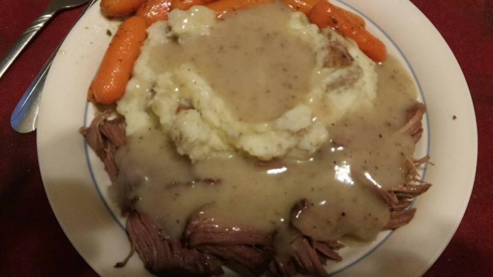 Pot Roast, mashed potatoes & gravy, buttered honey carrots and lemon cake what a dinner