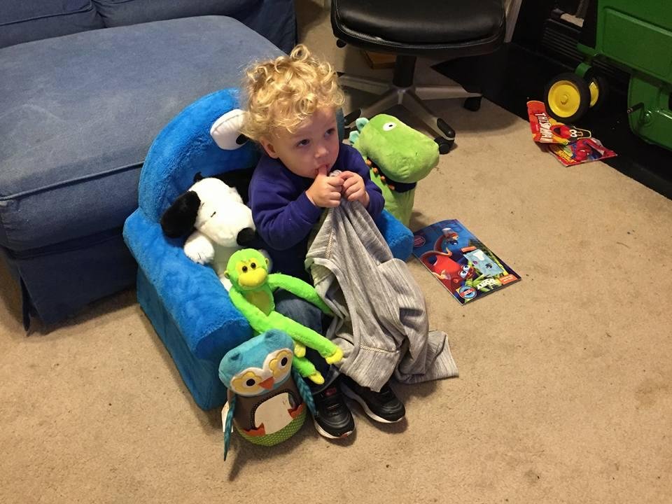 Carter and friends on his new Cookie Monster chair.