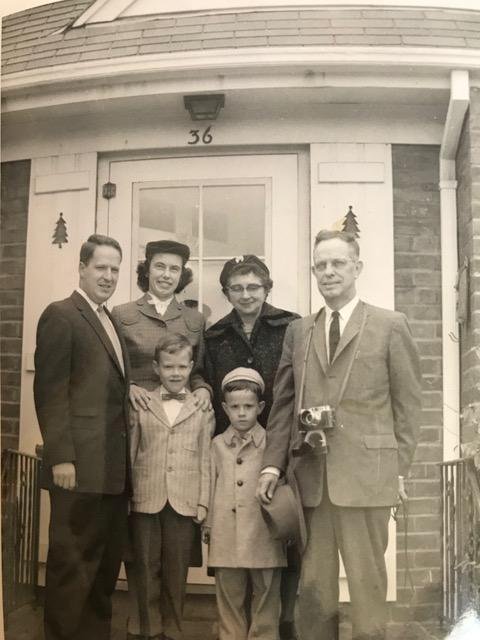 Mom and dad Van Riper Grandparents Kirk age 6 and me age 4 in front of our Tenafly NJ home