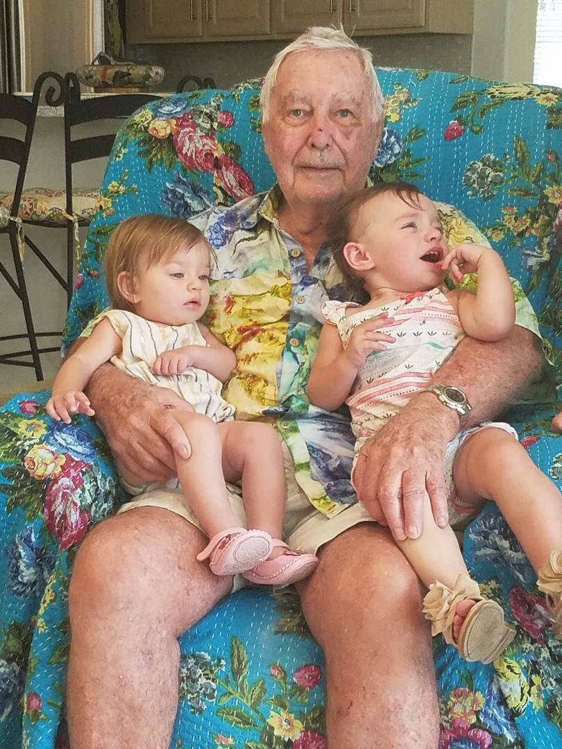 Great-Grandpa Ed with his two youngest Great-Grandchildren, Alice & Adaline.