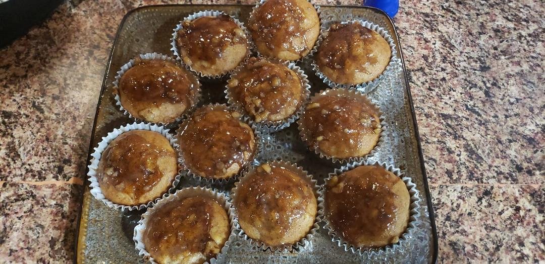 Homemade banana nut muffins with walnut glaze