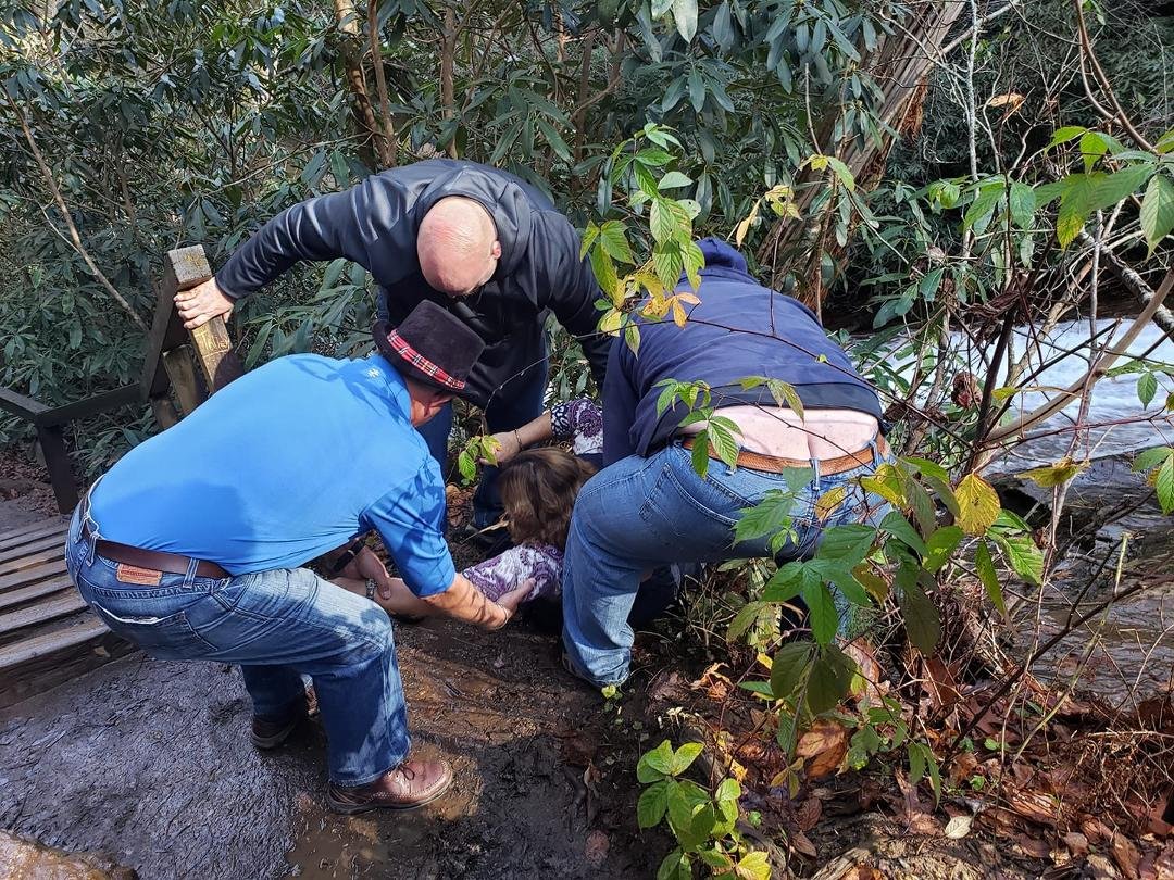 Two of my sons performing a mountain top waterfall rescue at Helton Creek Falls, GA. Mike Burt David Gillum