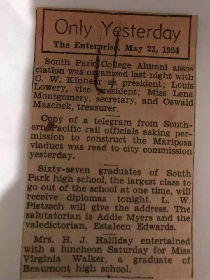 This is of interest to the South Park High School people, the old Beaumont people who remember the Viaduct, and relatives of Addie Myers Williams ,my grandmother.