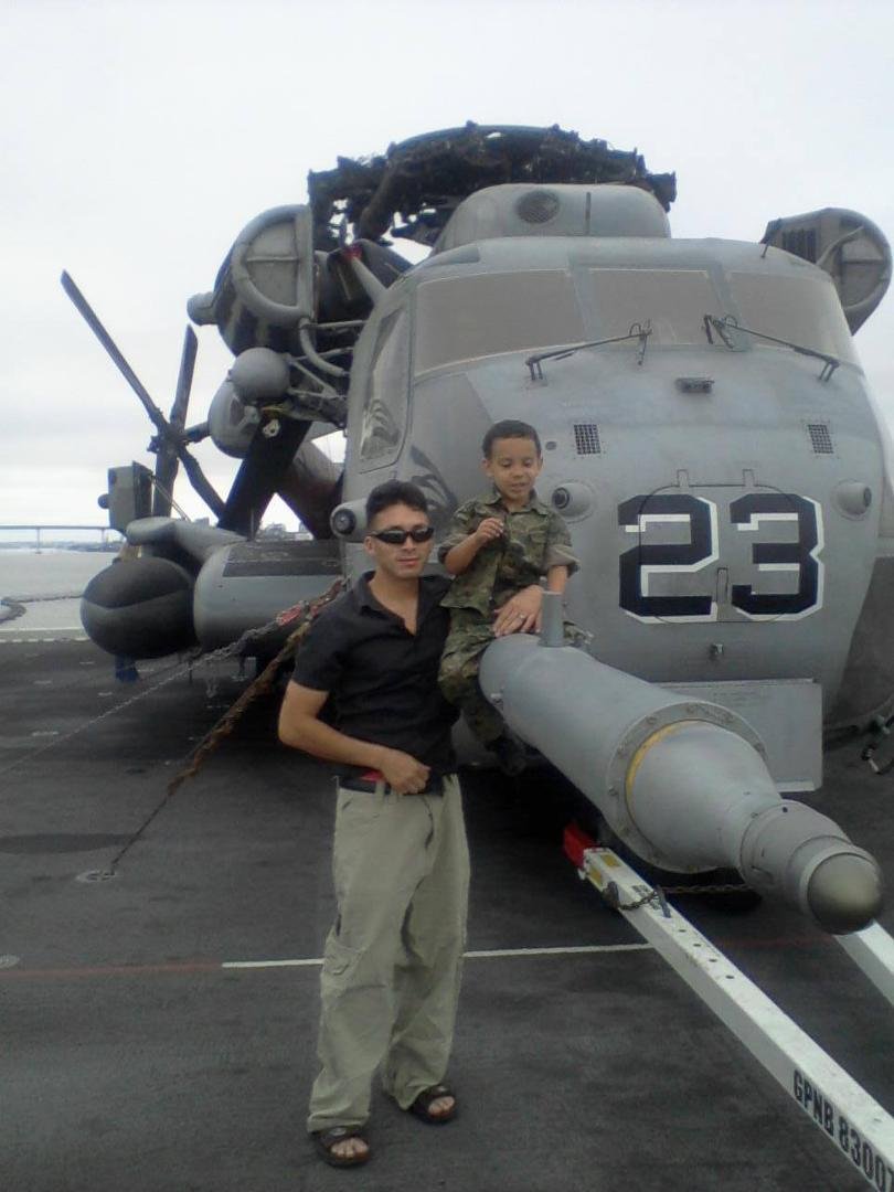 Son-in-law Chris Montoya with Bryan on the flight deck of the USS Boxer.