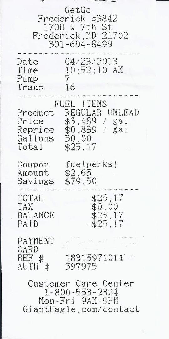 I love Giant Eagle!..............with their Gasperks I saved $2.65 per Gallon of gasoline.
When was the last time you paid $0.839??? 23 gallons in the truck and 7 gallons in containers. Oh, wait, there's more....I get a r